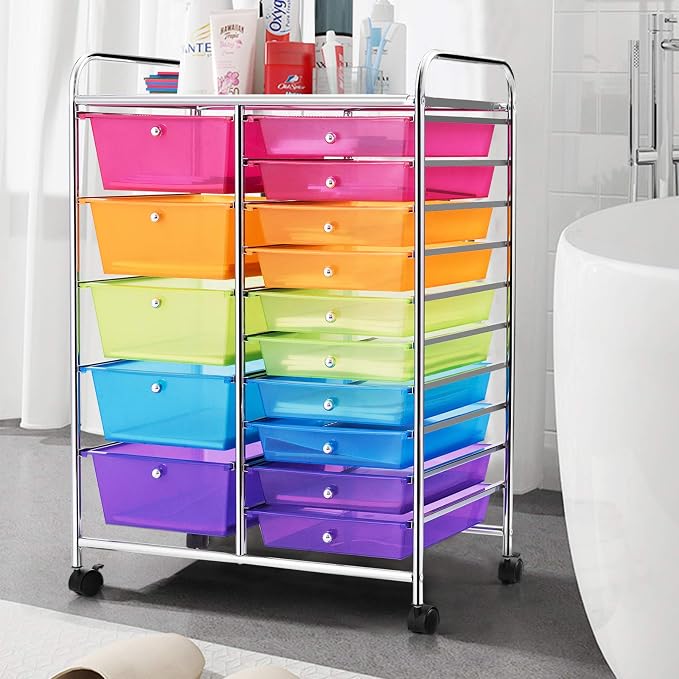 HAPPYGRILL 15-Drawer Rolling Cart, Storage Carts with Removable Drawers & Steel Frame, Utility Cart on Lockable Wheels for Home, School, Office,Colorful