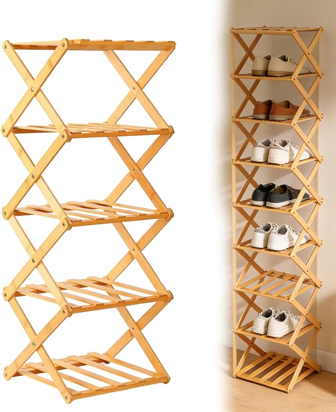 Foldable Shoe Rack, Tier No-Assembly Bamboo Rack, 2026 New Portable Bamboo Corner Shoe Rack, Multifunctional Narrow Shoe Shelf for Entryway, Closet, Corner, Bedroom (5 Layers)