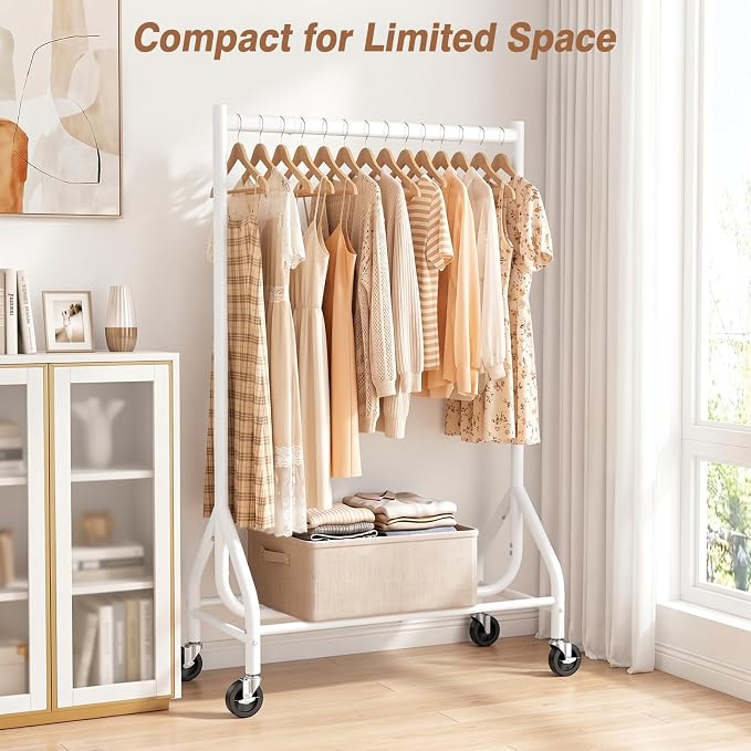 EAGMAK Heavy Duty Clothes Rack Load 268 LBS, 31.5 inch Hanging Rod, White | Metal Frame, Stable Base, Compact Size, Rolling Smooth, For Bedroom Closet Entryway Laundry Living Room Home Garage Storage