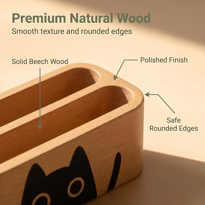 Business Card Holders 2 tier 2 Slot, Natural Wooden Name Card Holder Wood Business Card Holder Office Desktop Card Display Stands Cat Pattern Cute