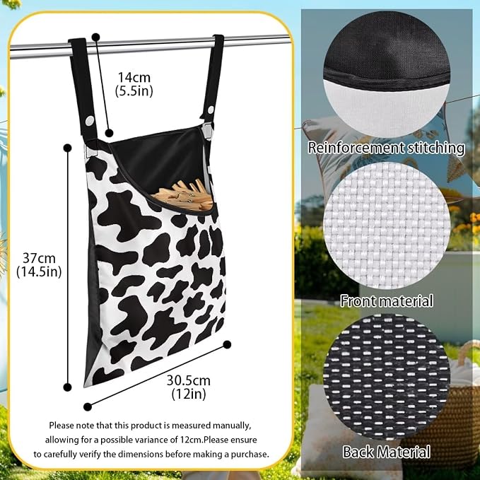 Milk Cow Print Clothespin Bag with Hanging Hook Summer Laundry Clothes Pin Holder Waterproof Clothes Pin Hanging Bag Clothespin Storage Organizer with Large Opening