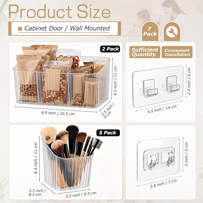 7 Pack Cabinet Door Organizer Adhesive Wall Mount Storage Bins Makeup Containers Stackable Organizer Basket for Kitchen Cabinets, Bathroom, Pantry, Office, Refrigerator (Frosted Clear)