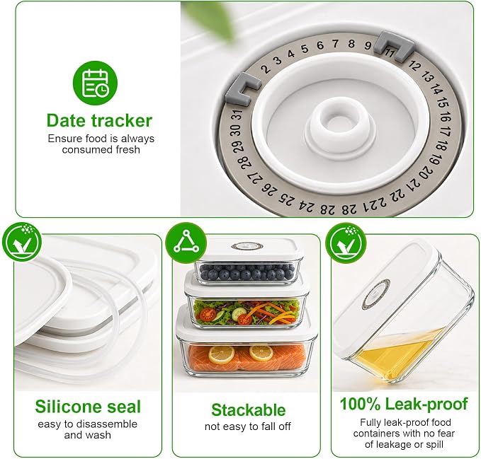 Compact Vacuum Sealer for Food, 80kPa Food Sealer with LED Display | 2000mAh Vacuum Sealer Machine+3Glass Containers+30 Bags, Handheld Vacuum Sealer,Cordless&Portable for Meal Prep, Food Storage