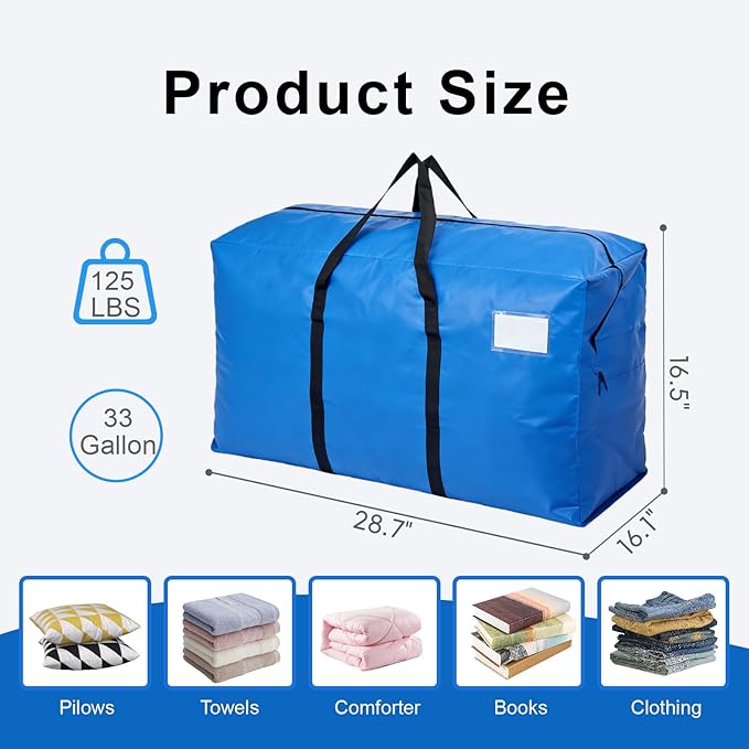 6 Pack Heavy Duty Moving Bags with Backpack Straps & Handles, Large Storage Bags with Zipper for Clothes, College Moving Supplies and Dorm Essentials (33 Gal, Blue)