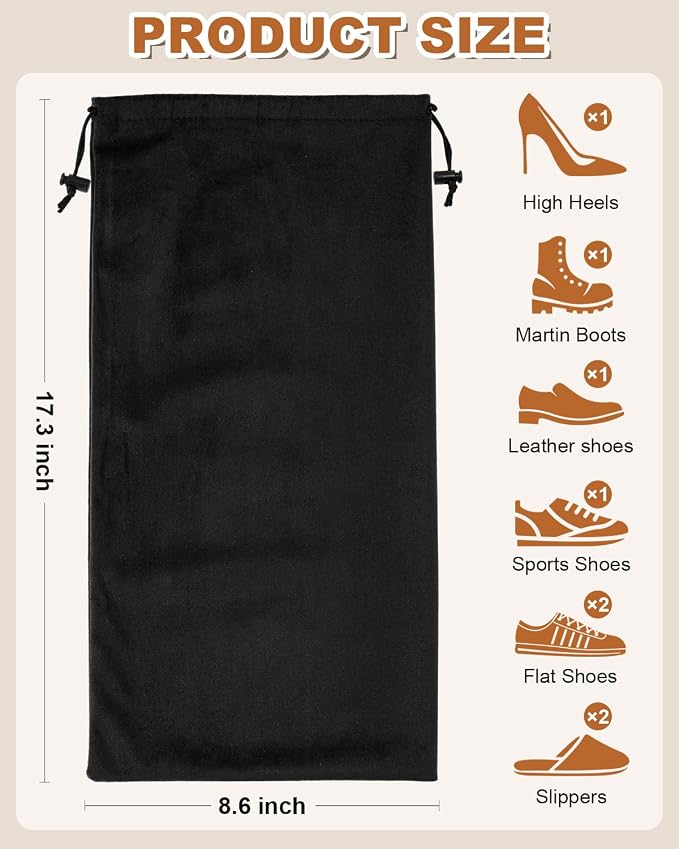 4 Pcs Single Shoe Bags for Travel, Velvet Bag, Black Beauty, 17.3x8.6 Inch | Washable & Reusable Travel Shoe Bags, Dustproof Shoe Bags with Drawstring Closure, Suitable for Travel, Home Storage