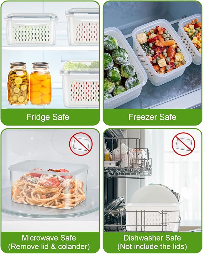 4 Pack Fruit Storage Containers for Fridge Fresh Produce Saver Berry Keeper | Airtight Food Container Set with Colander Lettuce Keep Fresh BPA Free Plastic Refrigerator Organizer Freezer Dishwasher Safe