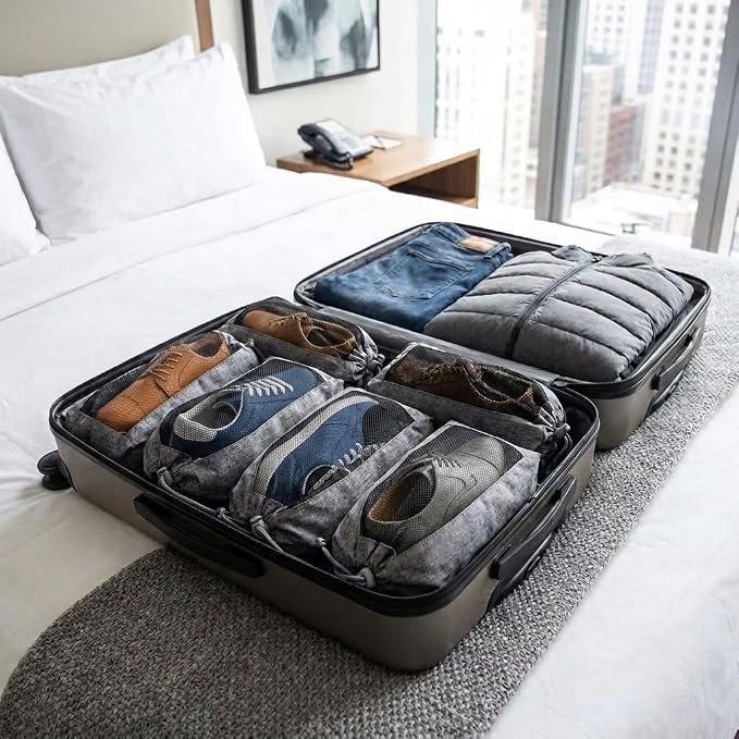 LeanTravel Shoe Bags for Travel with Breathable Mesh & Drawstring Cord Lock, Set of 6, Color Grey