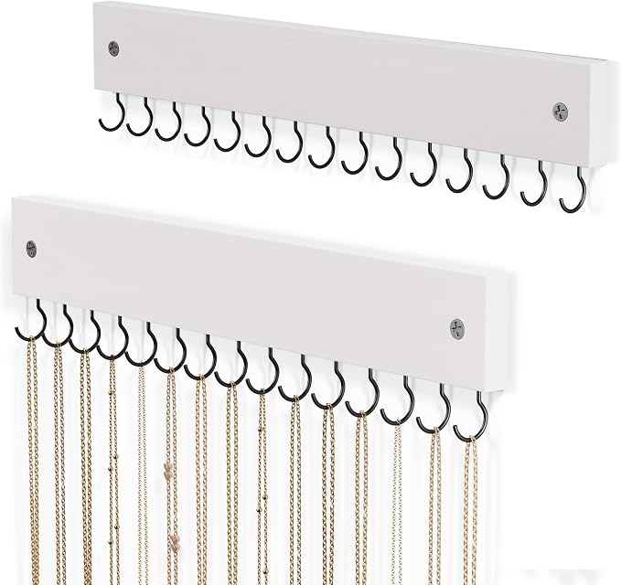 Lolalet Wooden Necklace Holder for Wall with 15 Hooks -2 Set, White | Wall Mount Jewelry Hangers for Necklaces, Chains, Bracelets and Earrings, Tangle-free, Easy to Install