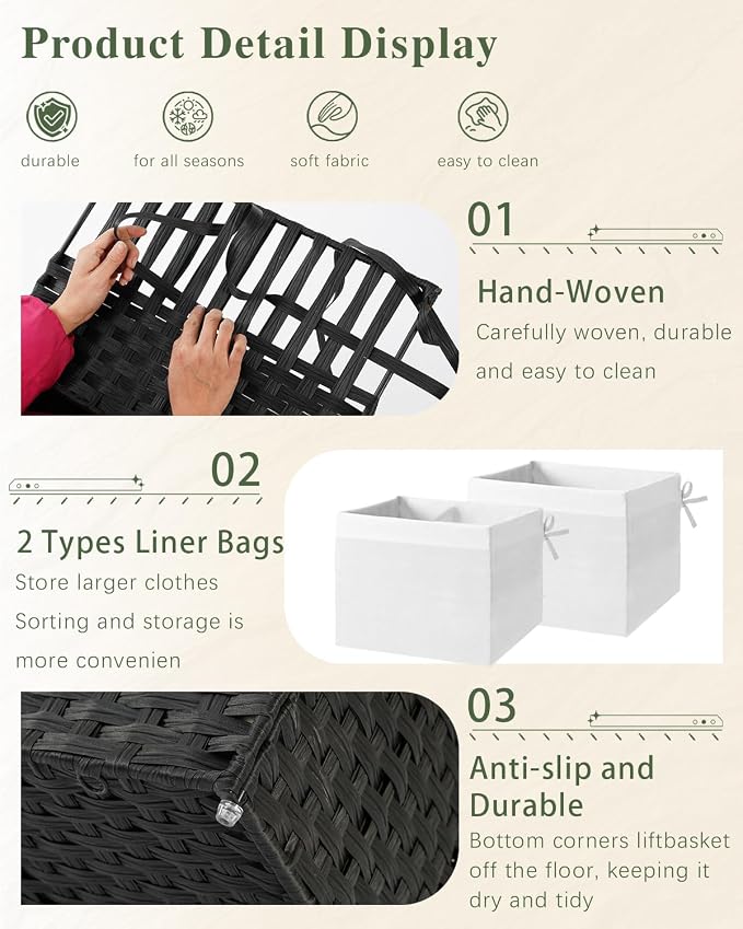 SETVSON Storage Basket with Lid Rattan Storage Basket with 2 Separate Lid, 27.8 Gallon (105 L) 25.2 * 15.4 * 16.1 Inches Woven Wicker Baskets with 2 Liners and Handles for Bedroom Laundry Black