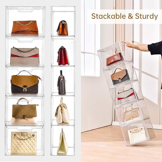 Freebat Stackable Storage Organizers, Clear Acrylic Display Case, 9-Pack Acrylic Boxes with Lids, Clear Storage Containers Storage for Handbags, Collectibles & Figures