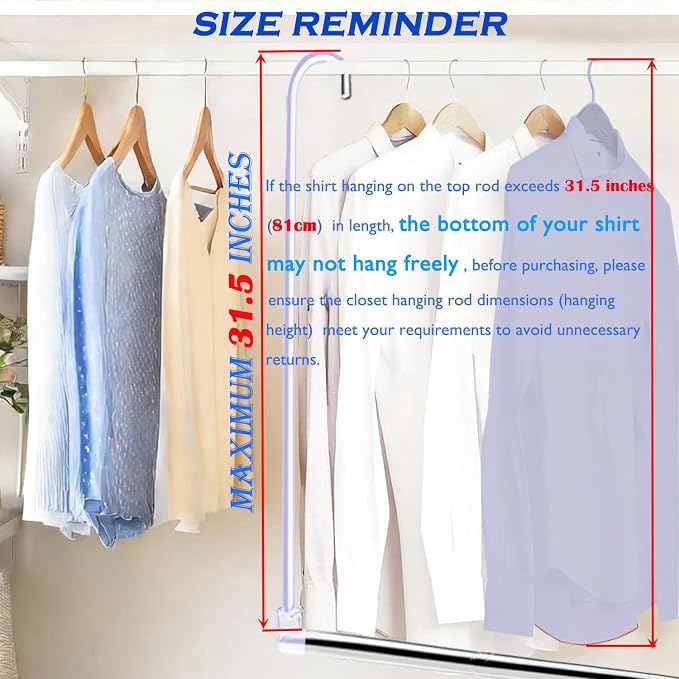 Closet Hanging Rod, Adjustable Width and Height Chrome | Space-Saving Clothes Hanging Bar，Heavy Duty Closet Hanging Organizer Closet Extender Hanging Rod Double Hanging Rod ,2 Pack