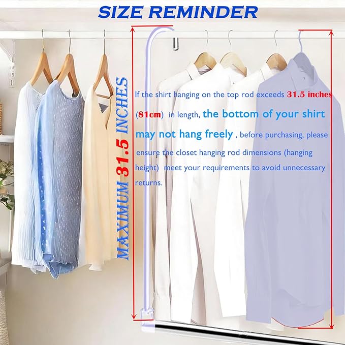 Closet Hanging Rod, Adjustable Width and Height Chrome | Space-Saving Clothes Hanging Bar，Heavy Duty Closet Hanging Organizer Closet Extender Hanging Rod Double Hanging Rod ,1 Pack
