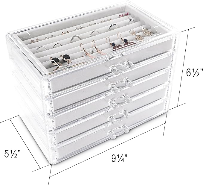 Frebeauty Extra Large Acrylic Jewelry Box for Women 5 Layers Clear Jewelry Organizer Velvet Earring Box with 5 Drawers Rings Display Case Necklaces Holder Tray for Women Girls (White) | Jewelry Storage for Rings Earrings Bracelets,Dustproof,Velvet Lini...