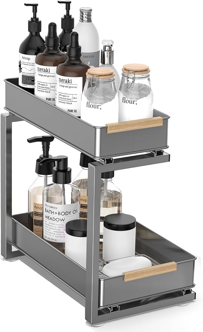 AndUp Under Sink Organizer, 2 Tiers Pull Out Bathroom Organizers and Storage, Slide Out Cabinet Organizer Shelf for Kitchen Bathroom, Multi-Purpose Collection Organizer Drawer Shelf (Gray, 1pcs)