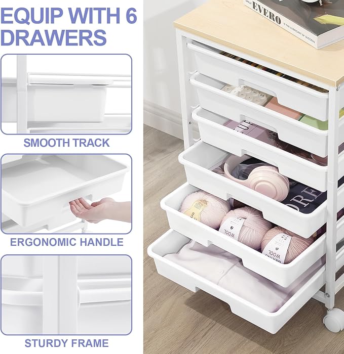 SYKIARIOL Rolling Cart with Drawers,Utility Cart with 6 Drawers,Rolling Storage Cart with Drawers and Wooden Tabletop & Lockable Wheel,White