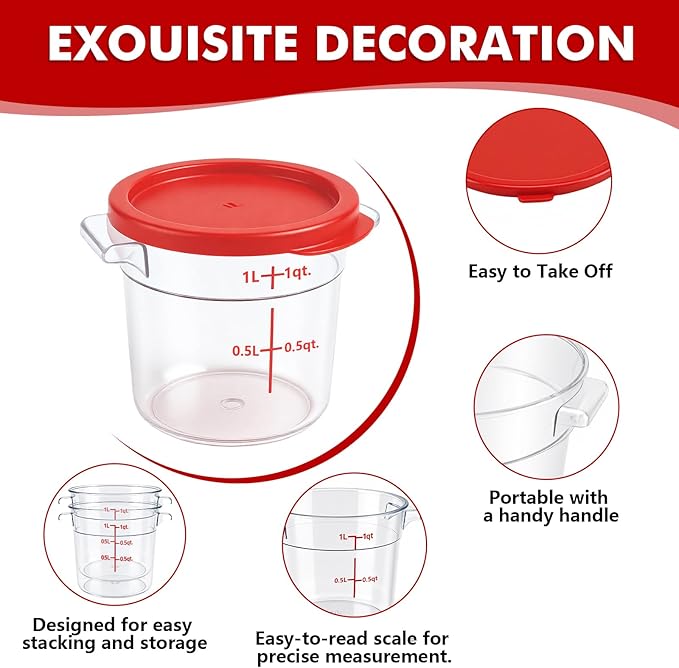 4-Pack Food Storage Containers with Lids,Round Plastic Containers for Kitchen, Food Grade, BPA-Free, Stackable, Clear Red Storage Buckets (Red, 1L)