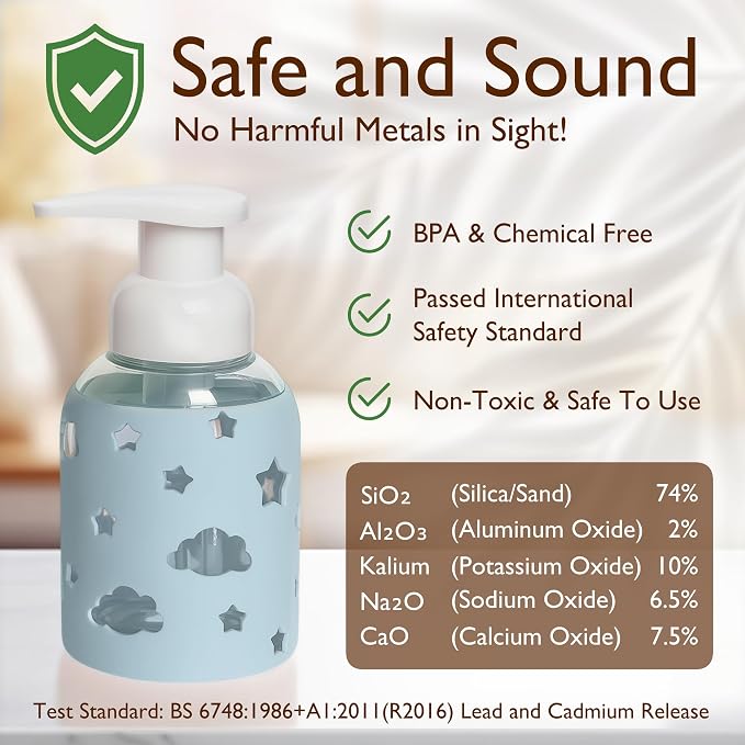 SoCal Suds & Company Foaming Hand Soap Dispenser Glass, Liquid Soap Pump with Cloud & Star Sleeve, Refillable Bottle for Kids, Baby Wash & Shampoo, Ideal for Bathroom & Kitchen Use, Light Blue, 8oz