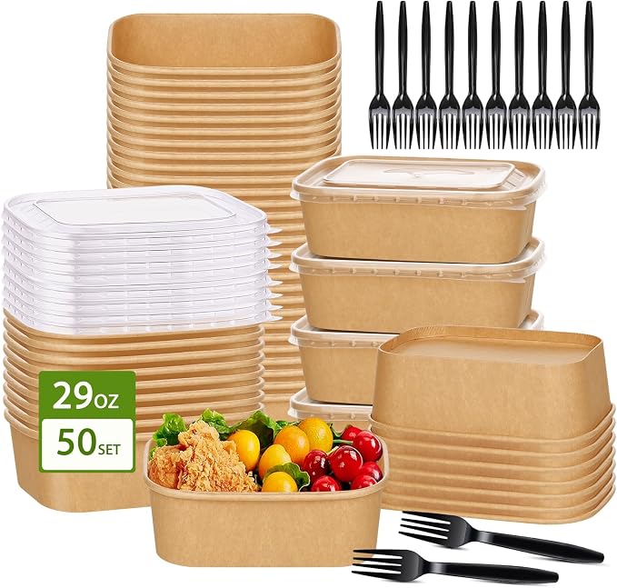 50-Pack 29oz Disposable Kraft Paper Bowls【with Lids and Forks】,Meal Prep Containers Disposable Deli Containers Disposable Soccer Party Food Trays Take Out Containers, Microwave Safe for Hot/Cold Food