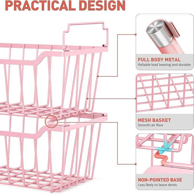 Goovilla Freezer Organizer Bins with Foldable Handle, 8 Pack Stackable Freezer Baskets for 3.5-7 Cu.FT Deep Chest Freezer Organization, Pink Metal Freezer Storage Bins with Better Space Utilization