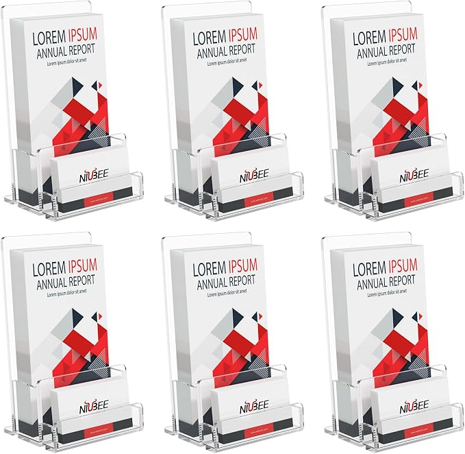 NIUBEE 6-Pack Acrylic Brochure Holder 4‘’ , Clear Brochure Display Stand with Acrylic Business Card Holder, Plastic Flyer Display Stand for Magazine, Pamphlet, Booklets, Menu, Journals, Business Card