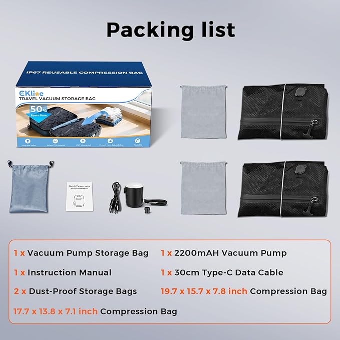 Travel Vacuum Bags with Pump, IP67 Reusable Vacuum Compression Bags for Travel, Backpack & Suitcases, Home Storage, Vacuum Seal Packing Cubes for Clothing (2-Pack, 40L/28L - Pump)