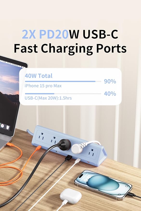 6.5 FT Desk Clamp Power Strip with 5 AC Outlets & 6 USB Ports PD 40W USB-C Fast Charging, Extension Cord with Multiple Outlets, Fits 2.1 in top Edge Blue