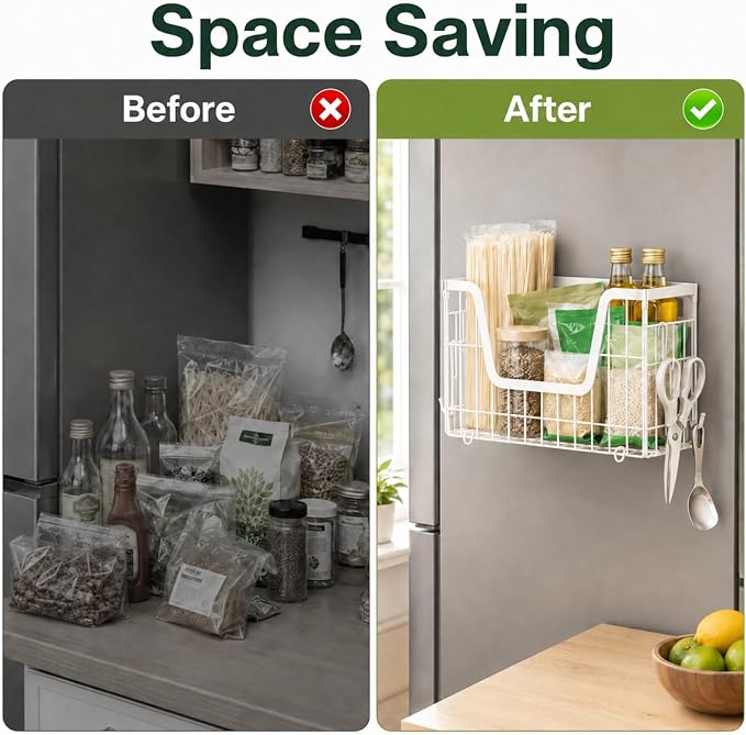 UFORU 2 Set Magnetic Shelf for Fridge, Magnetic Fruit Basket for Refrigerator, Potato Onion Storage Bins with Strong Magnets, Fridge Magnetic Spice Rack for Pantry Kitchen Counter Laundry Room, White