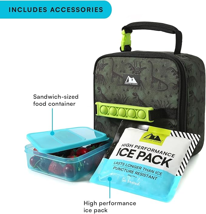 Arctic Zone Kids Lunch Box Combo with Gel Ice Pack and Sandwich Container, Insulated Bag for Travel Lunch, Sensory Fidget Toy Handle, Dino Skeleton Dye