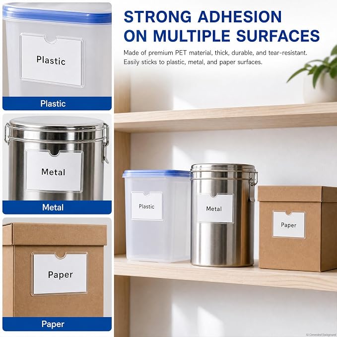 100 Pack Clear Self Adhesive Business Card Pockets, 2.5 x 3.7 inch | Clear top opening adhesive card holders for business cards, storage bin labels, shelf tags, and shop organization