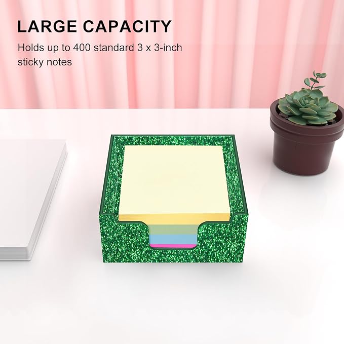 Rouidr Acrylic Sticky Note Holder, Self Stick Note Pad Holder, Bright Green | 3.94 x 3.94 Inch Glitter Memo Pad Dispenser Organizer for School Office Home Desk Supplies