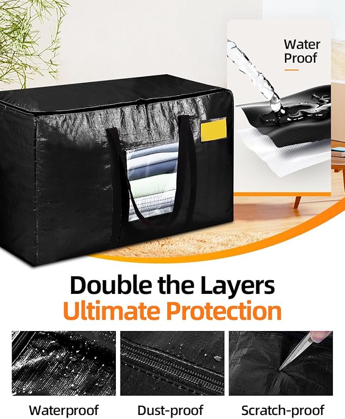 Extra Large Moving Bags, 4 Pack Heavy Duty Storage Bags Boxes Bins Totes with Hnadles Zippers Visible Window for Clothes College Dorm Travel, Black