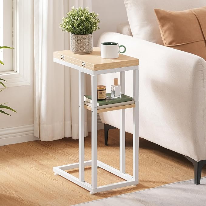 HOOBRO Foldable C Shaped End Table, C Shaped Side Table with Storage Shelf, Small Snack Table, Slide Under Couch Table for Sofa, Living Room Bedroom Small Spaces Easy Assembly, Natural WN29SF01