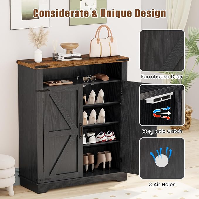 ALLSTAND 6-Tier Shoe Cabinet with Doors, Entryway Shoe Rack Shoe Storage Cabinet with Adjustable Shelves & Anti-tip Fitting, Farmhouse Shoe Cabinet Storage for Entryway, Living Room, Closet, Black