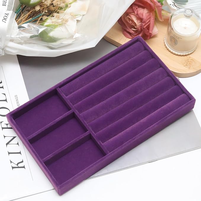 Velvet Jewelry Trays for Drawers, Purple Stackable Jewelry Drawer Organizer Inserts, Ring Earring Necklace Bracelet Holder Organizer Storage Display Tray with Removable Dividers, 2-in-1