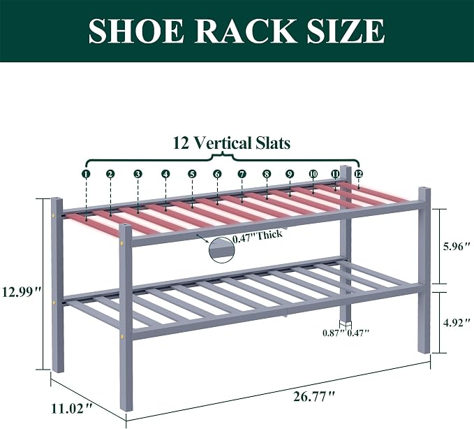 Smiry Bamboo Shoe Rack, 2 Tier Free Standing Wooden Shoe Organizer, Stackable Wood Shoe Storage Shelf for Closet, Entryway, 12 Vertical Slats, One-piece Standard Legs, 26.8"x11"x13", Grey