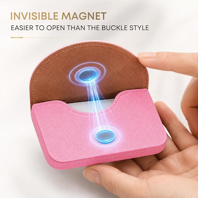 Business Card Holder，PU Leather Business Card Case Wallet Pink | Pocket Travel Name Card Case for Men and Women Gift，Portable Magnetic Business Card Carrier for Purse