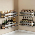 Adhesive Wall Mount Spice Rack for Kitchen, No-Drill 11.8” Carbon Steel Stove Shelf, Wall Mounted Spice Organizer with Guardrail, Self-Adhesive Seasoning Rack for Cabinet/Bathroom, Dark Gray
