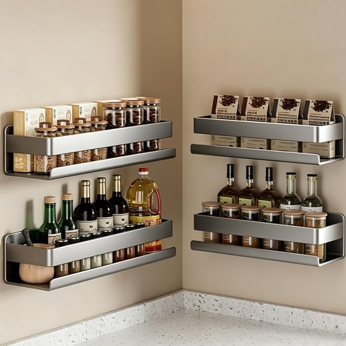 Adhesive Wall Mount Spice Rack for Kitchen, No-Drill 11.8” Carbon Steel Stove Shelf, Wall Mounted Spice Organizer with Guardrail, Self-Adhesive Seasoning Rack for Cabinet/Bathroom, Dark Gray