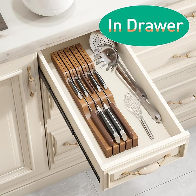 Knife Drawer Organizer (Brown, 9 Knives Organizer)