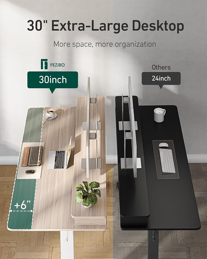 FEZIBO 60 x 30 inch Standing Desk with Drawers, Height Adjustable Electric Workstation, Computer Sit Stand Up Table with Large Storage Shelf 4 Drawers and 2 Hooks, Light Rustic Brown