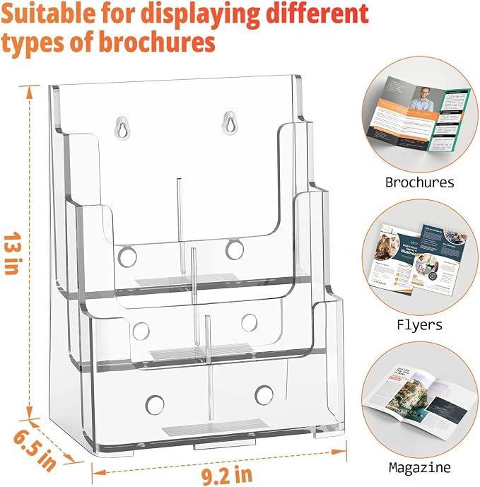 FUCDTEFC Acrylic Brochure Holder 8.5x11, Clear 3 Tier Magazine Holder Brochure Display Stand with Removable Divider for 4 x9 Inch Literature Pamphlet Flyer Holder for Wall Mount or Countertop