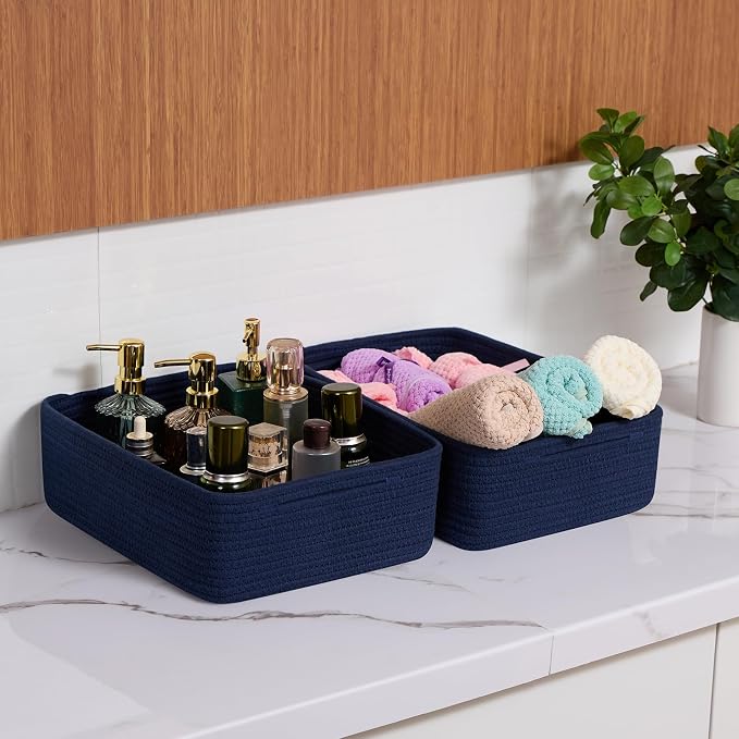 MiniArk Large Shallow Organizing Baskets 15x11x5.1 Inches - Rope Woven Storage Bins for Bathroom, Shelves, Cube Closet, Navy Blue 4 Packs