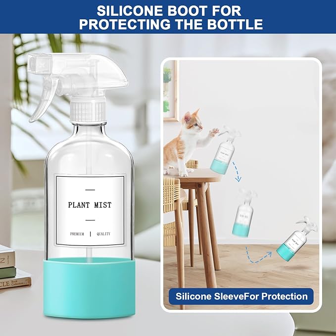 Glass Spray Bottles for Cleaning, 4 Pack Clear Empty Spray Bottle for Cleaning Solutions, 17 fl oz Reusable Spray Bottle for Plants with Silicone Boot, Cleaning Spray Containers with Labels