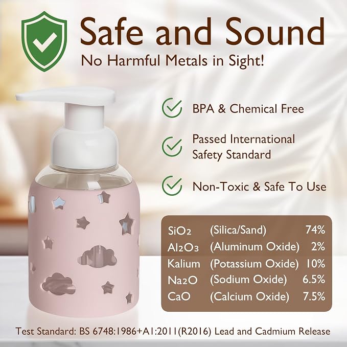 SoCal Suds & Company Foaming Hand Soap Dispenser Glass, Liquid Soap Pump with Cloud & Star Sleeve, Refillable Bottle for Kids, Baby Wash & Shampoo, Ideal for Bathroom & Kitchen Use, Light Pink, 8oz