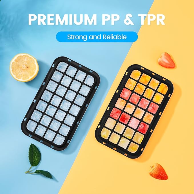 0.8“ Ice Cube Tray with Lid and Bin, PHINOX 56 Cubes Ice Trays for Freezer, Ice Cube Trays for Freezer with 2 trays, Container, Lid & Ice Scoop, BPA Free, Black(28Cubes/Tier)