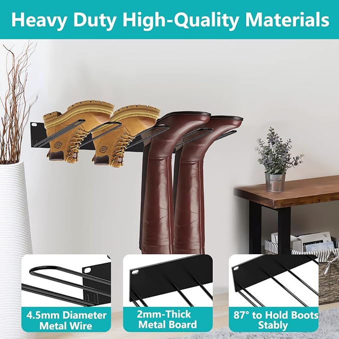 Boot Rack: Boot Hangers Wall Mount Holds 4 Pairs - Metal Wader Hangers Boots Storage Organizer Tall Boots Holder for Cowboy Garage Storage Closet Entryway Outdoor Drying, Black