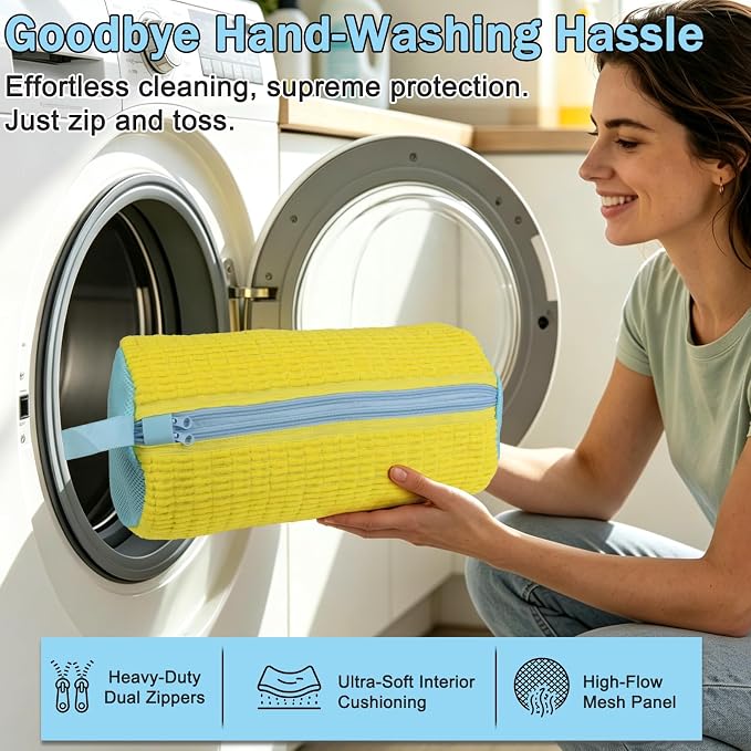 Dual Independent Compartments Shoe Washing Bag for Washer Dryer, Chenille Reusable Laundry Shoe Cleaner Bag for Sneakers Tennis Shoes, Yellow