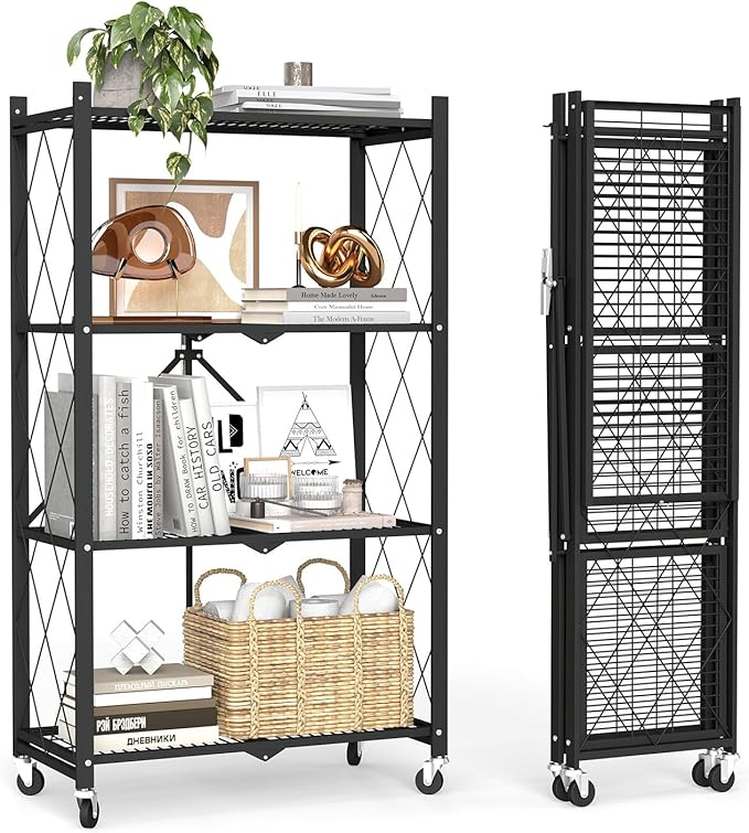 4 Tier Foldable Storage Shelves with Wheels -No Assembly Metal Folding Shelves Collapsible Shelving Unit Display Heavy Duty Rolling Shelf for Home Kitchen Office Room (Black, 50" x 13" x 27")