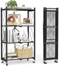 4 Tier Foldable Storage Shelves with Wheels -No Assembly Metal Folding Shelves Collapsible Shelving Unit Display Heavy Duty Rolling Shelf for Home Kitchen Office Room (Black, 50" x 13" x 27")