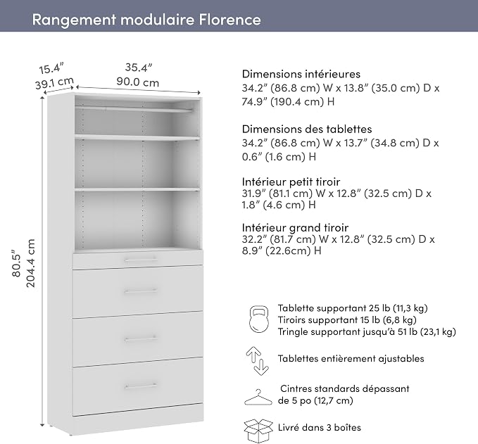 Bestar 36W x 16D Modular Closet Organizer System Tower, Reach-in Closet or Walk-in with Shelves and 4 Drawers, Slab Style, Florence Collection, White